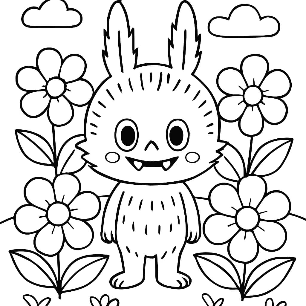 Labubu Ausmalbilder – Labubu im Blumengarten
