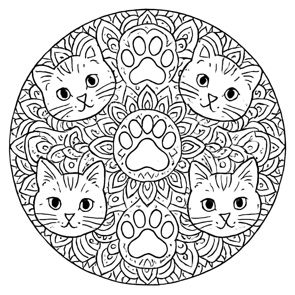 고양이 만다라 색칠 페이지 | 성인용 고난이도 고양이 색칠북