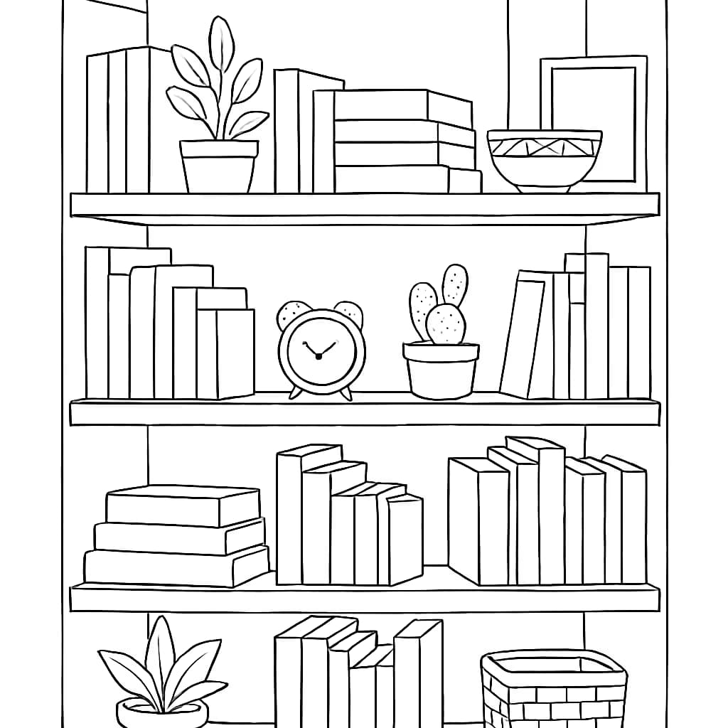 Pages de coloriage esthétiques – Scène d’étagère à livres