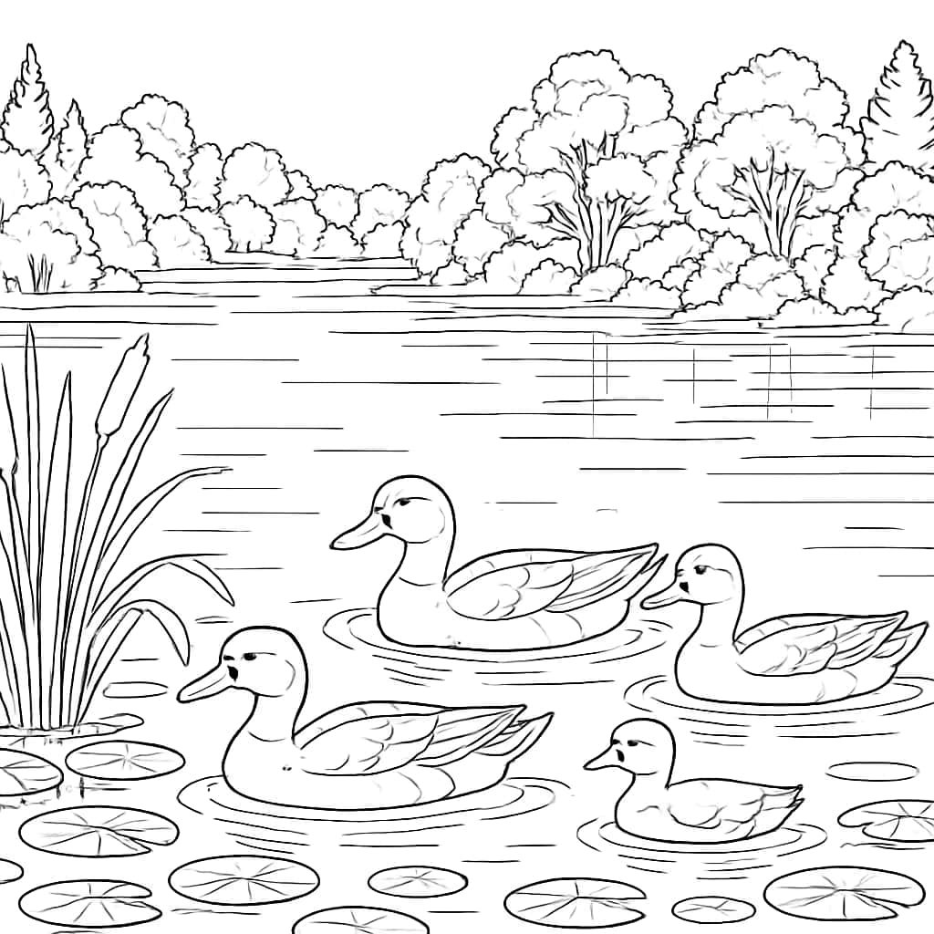 自然涂色頁|湖泊與鴨子詳細場景