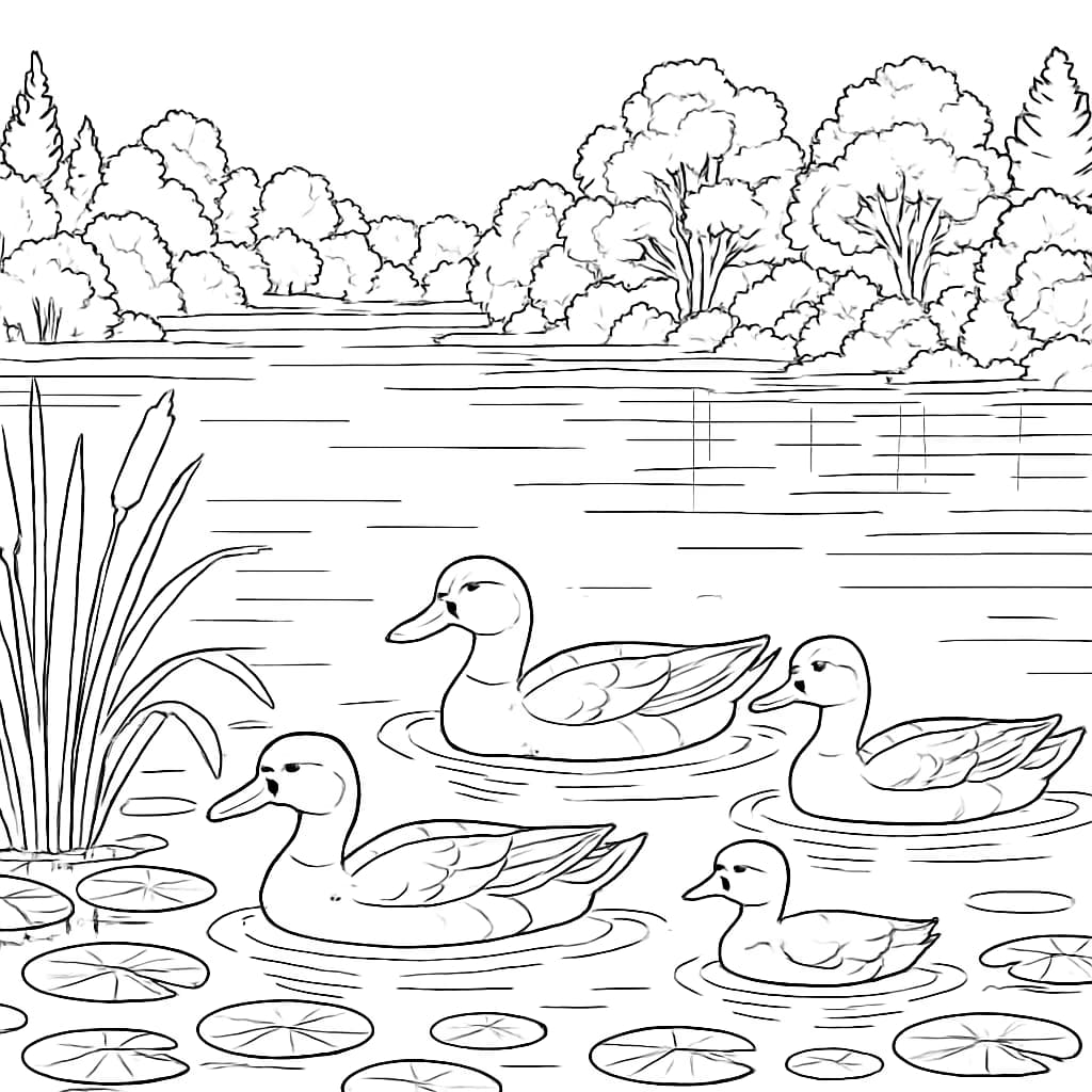 자연 색칠하기 페이지 - 호수와 오리 상세 장면