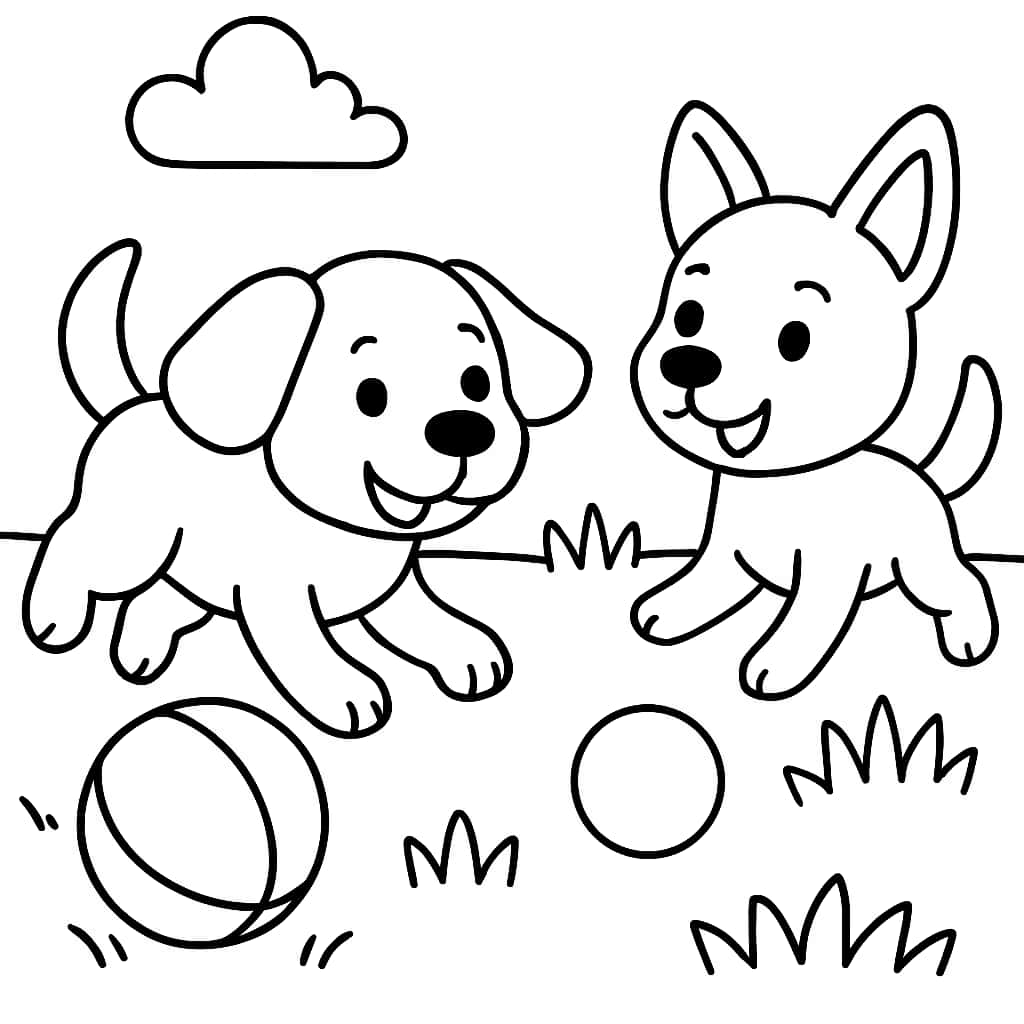 Pages de coloriage de chiens - Chiens qui jouent avec des balles