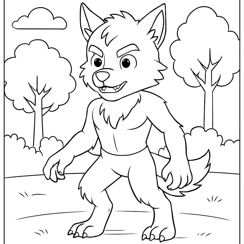 Werewolf Coloring Pages - Young Werewolf in Forest