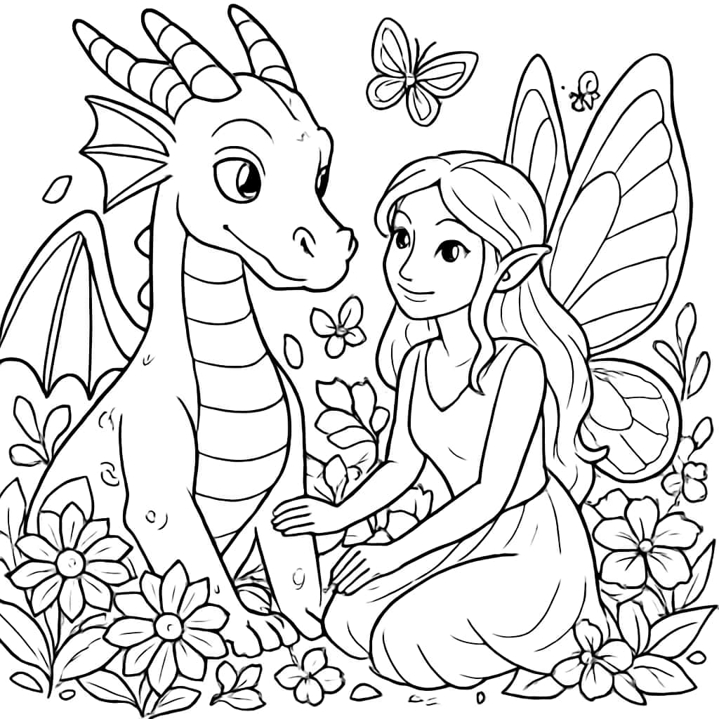 드래곤 색칠하기 페이지 - 요정과 드래곤 친구