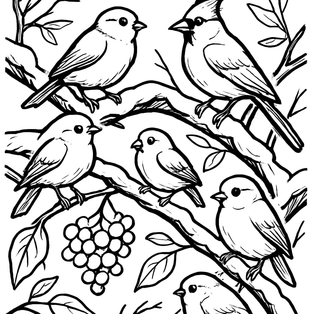 Pages de coloriage d'hiver – Oiseaux sur les branches