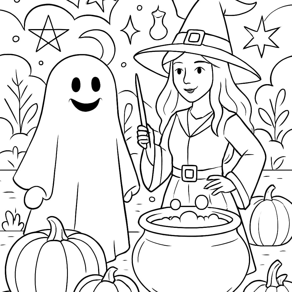 Ghost Coloring Pages: Ghost and Witch Coloring Page for Teens