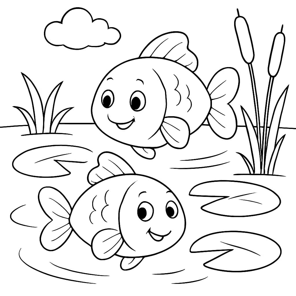 Fish Coloring Pages – Two Fish in Pond for Kids