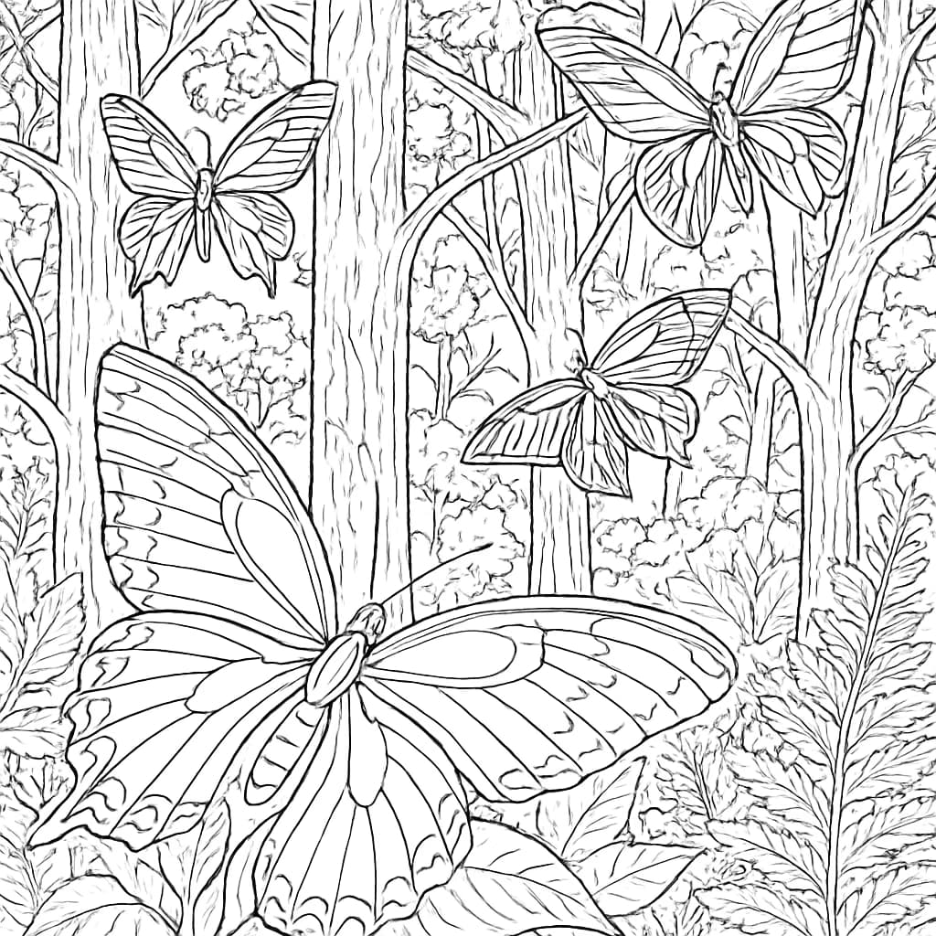 蝴蝶涂色頁:森林中的蝴蝶成人塗色圖