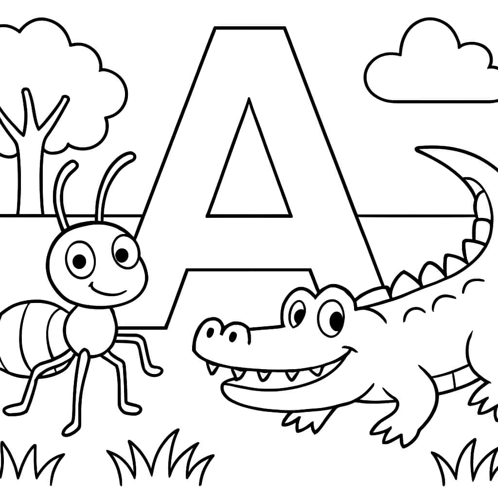Letter A Coloring Pages with Animals for Kids