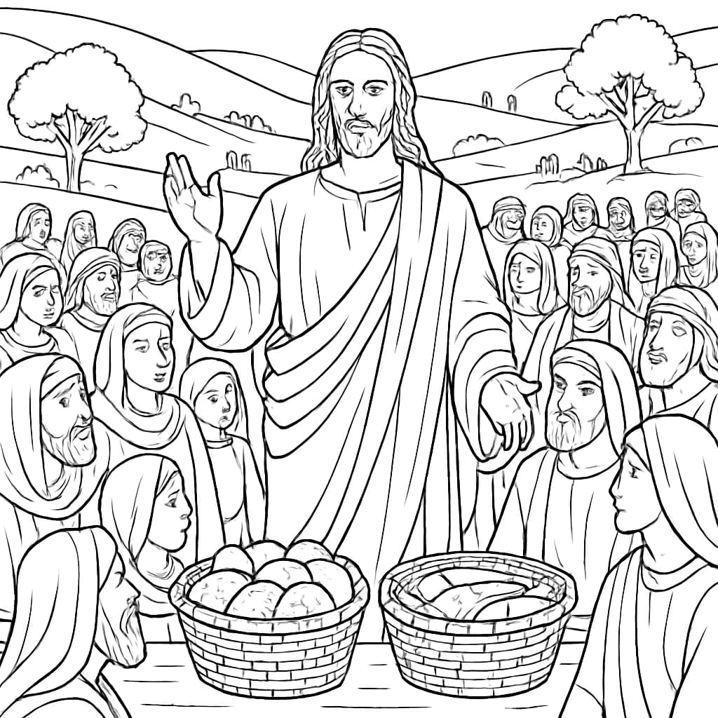 Jesusぬりえページ:イエスが大勢に食事を与える場面