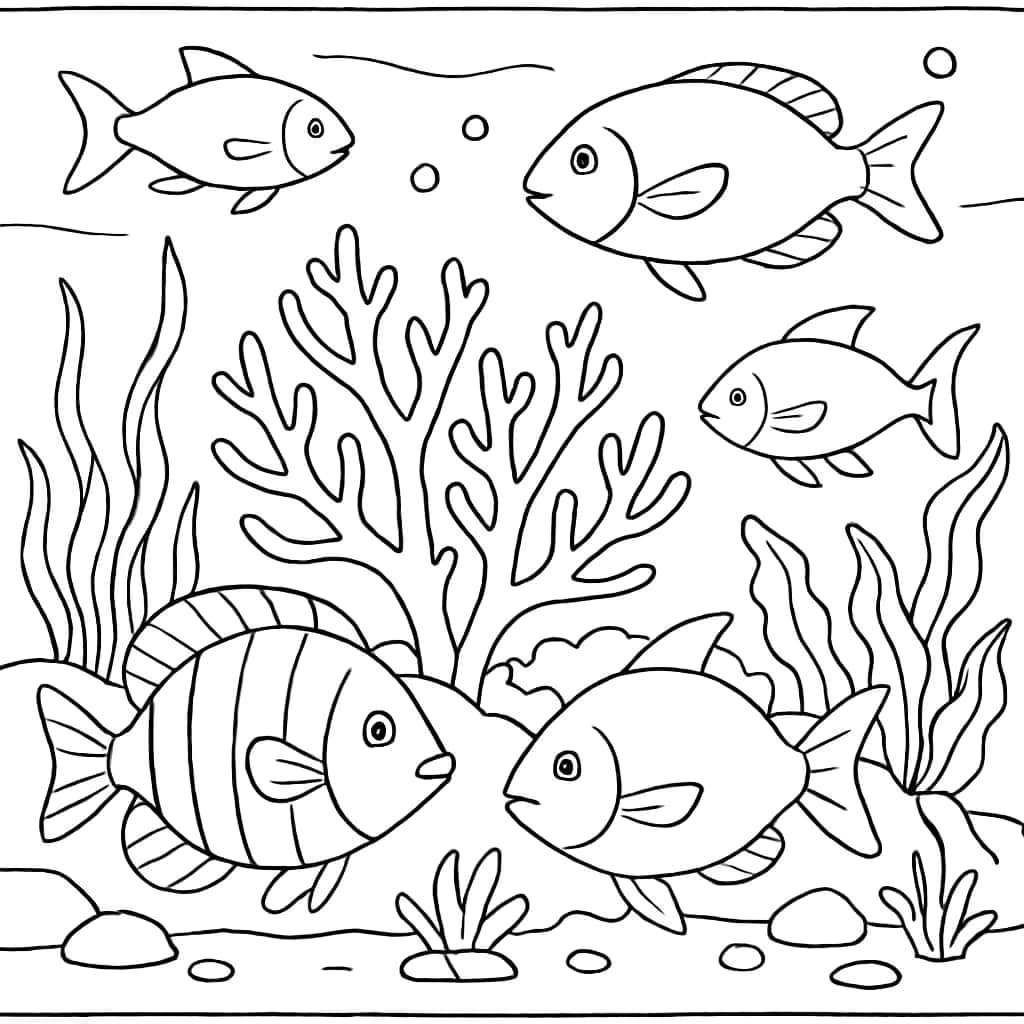 Fish Coloring Pages - Fish and Coral Reef Coloring Page for Teens