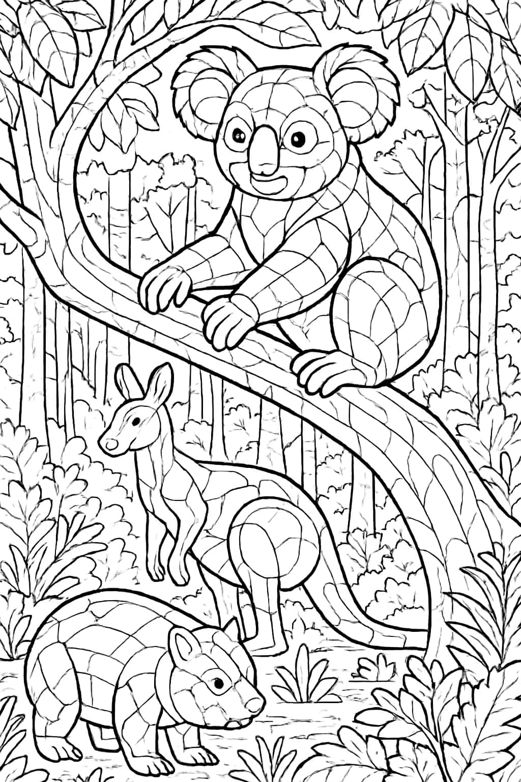 Koala Coloring Pages - Koala and Forest Animals Coloring Page