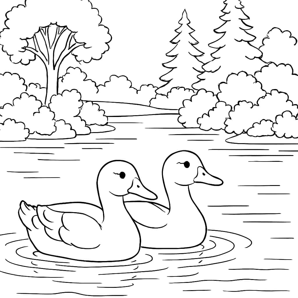 Duck Coloring Pages - Ducks Swimming in Lake Forest