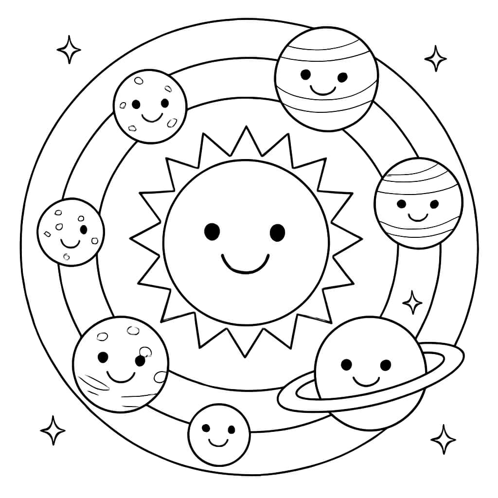 Páginas para colorear del sistema solar - Sol y planetas con caras