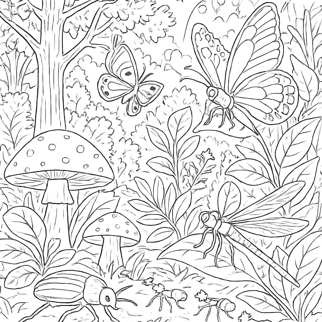 昆虫涂色页:森林生态系统高级线稿