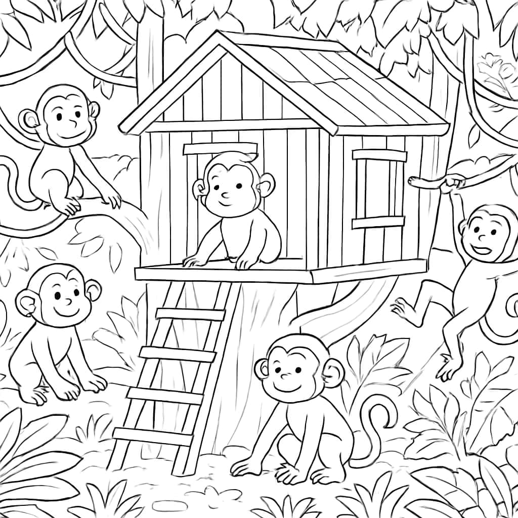 Páginas de Colorir de Macacos - Macacos na Casa da Árvore
