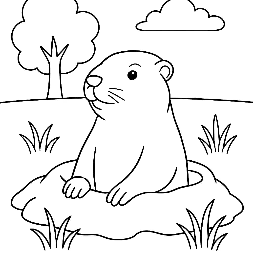 Groundhog Ausmalbilder – Murmeltier taucht aus dem Bau auf