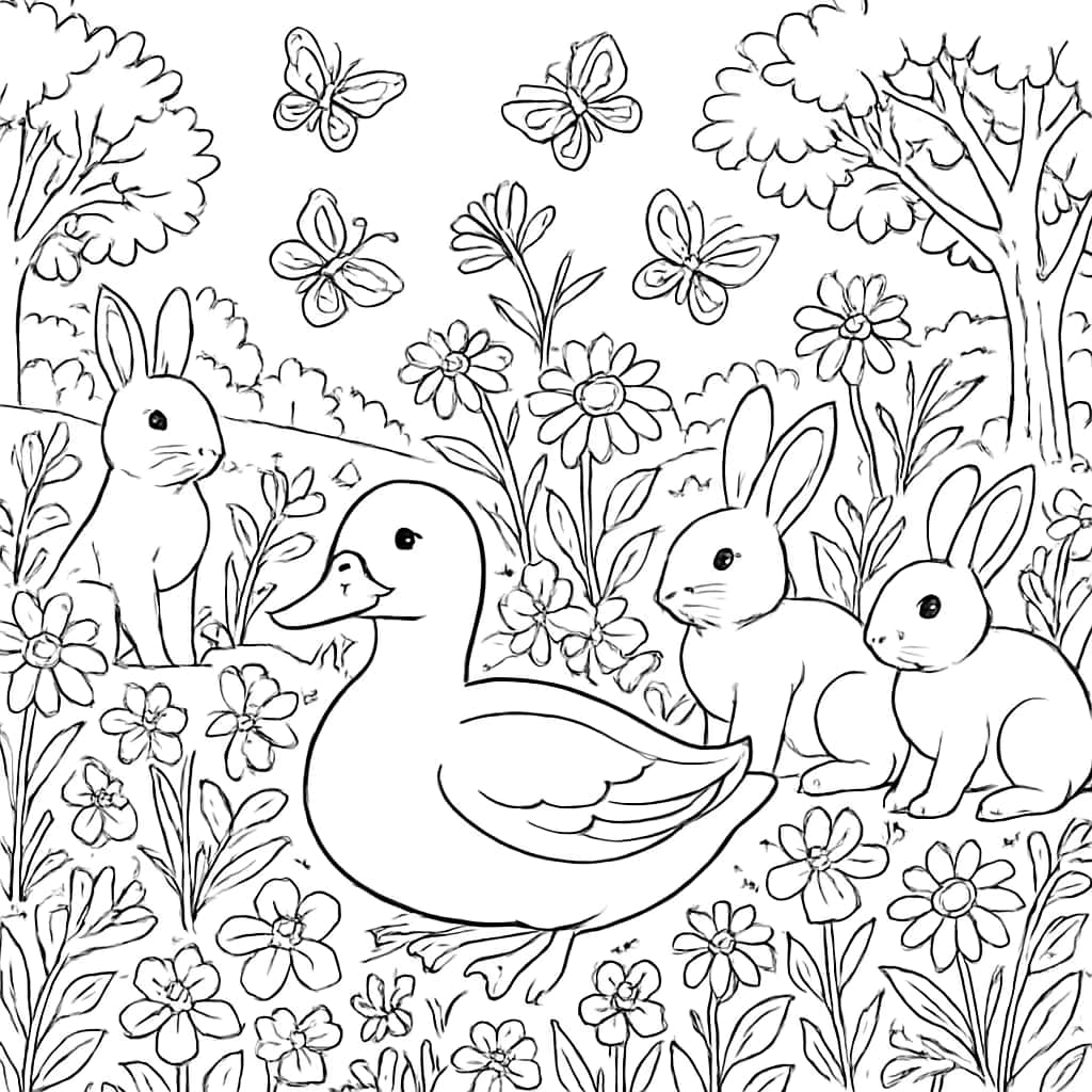 Duck Coloring Pages - Duck and Animals in Meadow