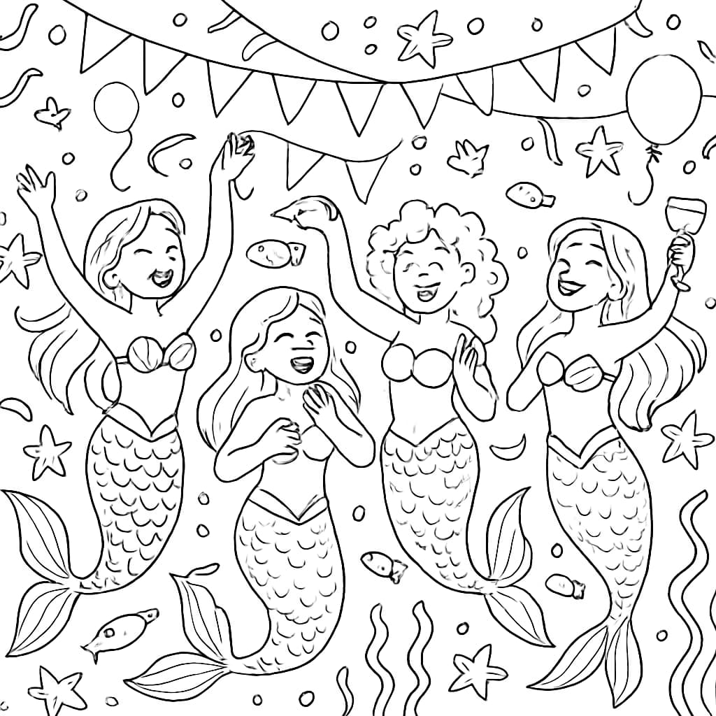 美人魚涂色頁:美人魚群體慶祝場景