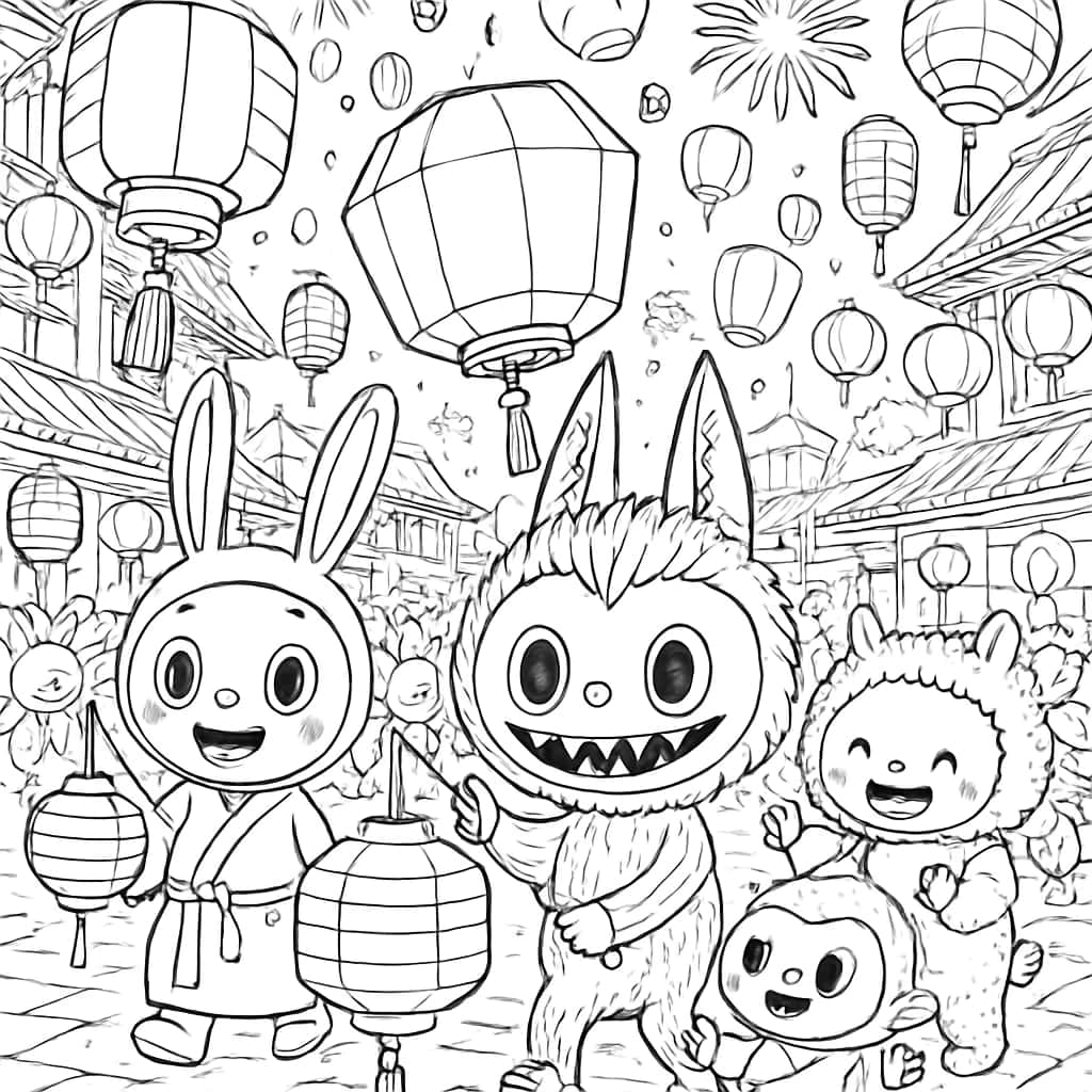 Labubu Ausmalbilder - Festival Feier Ausmalbild