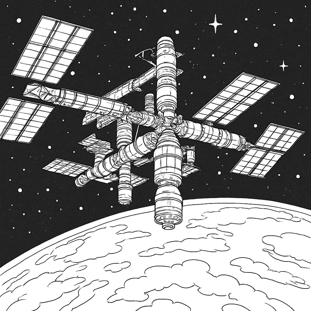 Páginas para colorear del sistema solar: estación espacial orbitando la Tierra