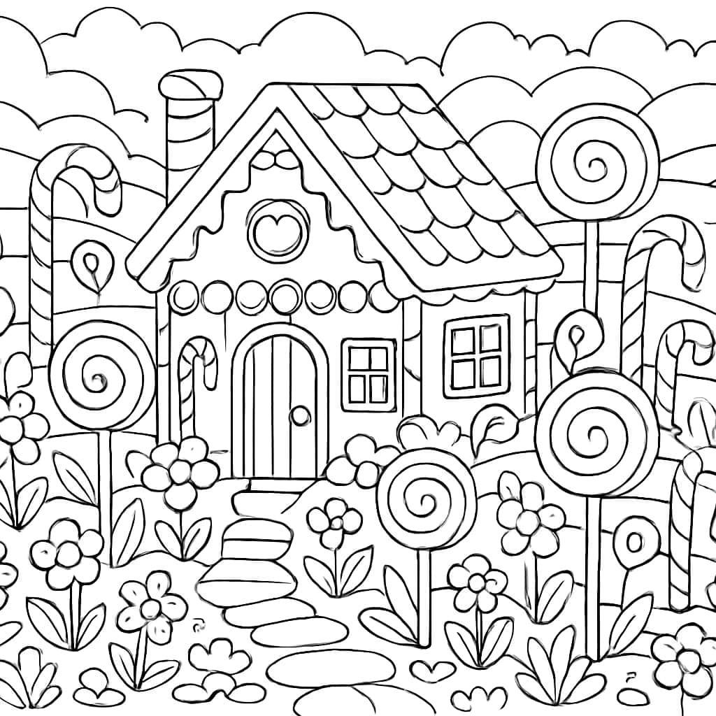 Gingerbread House Coloring Pages - Gingerbread House and Candy Garden