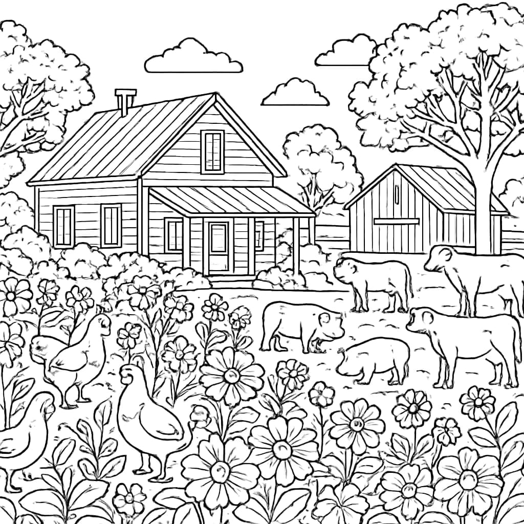 Farm Coloring Pages – Farmhouse and Garden Coloring Page for Adults