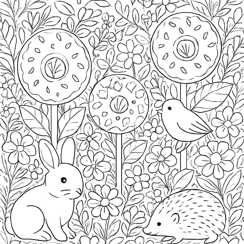 甜甜圈涂色页 - 花园奇幻世界