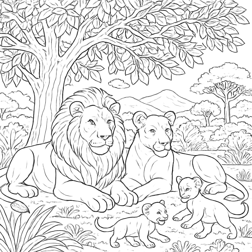 Lion Coloring Pages – Detailed Lion Family Coloring Page