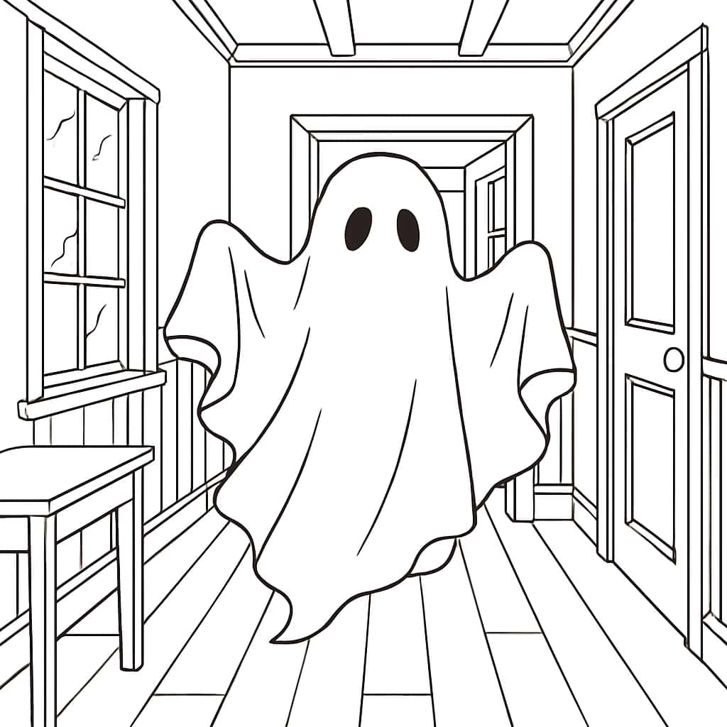 Ghost Coloring Pages - Ghost in Haunted House Printable for Teens