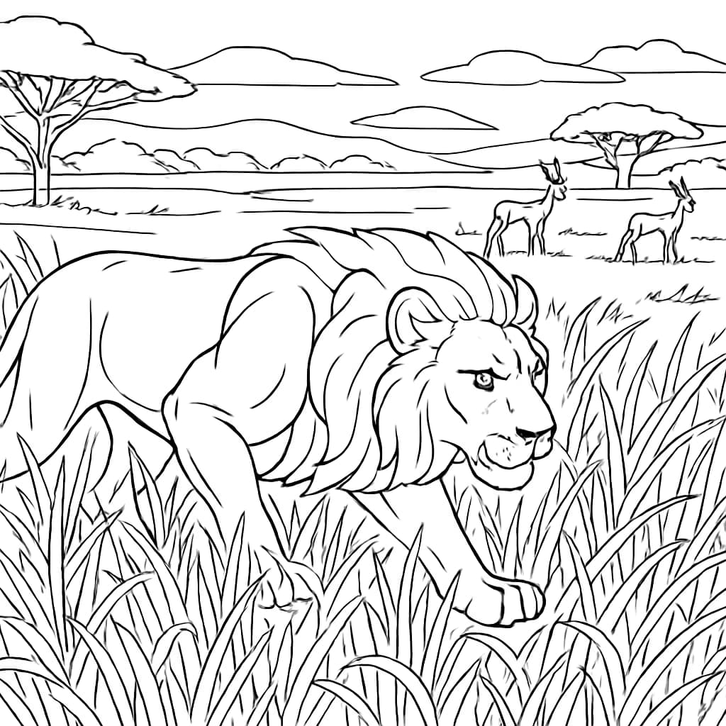 Lion Coloring Pages – Lion Hunting in Savanna Printable