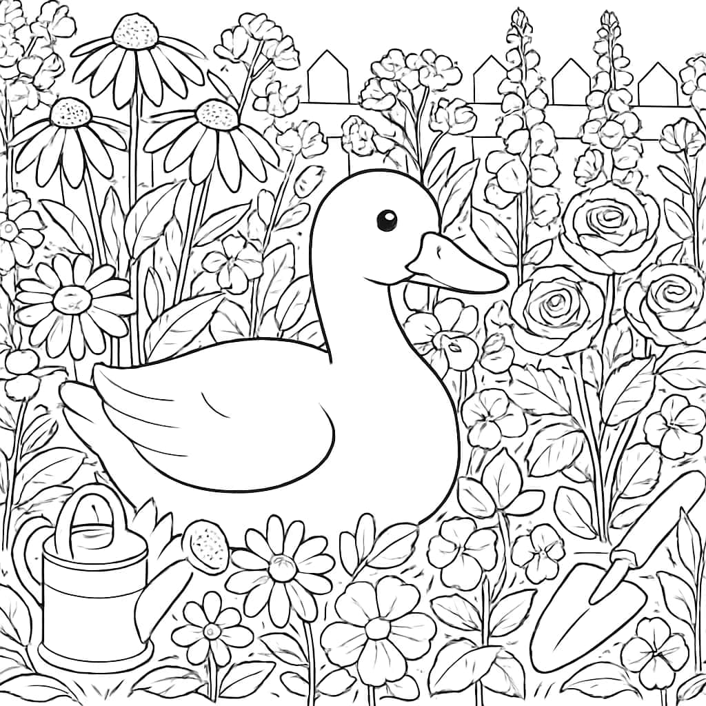 Duck Coloring Pages - Duck in Flower Garden