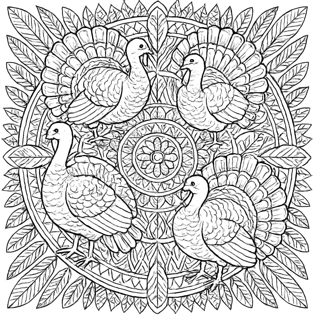 火雞涂色頁 | 曼陀羅圖案成人涂色頁