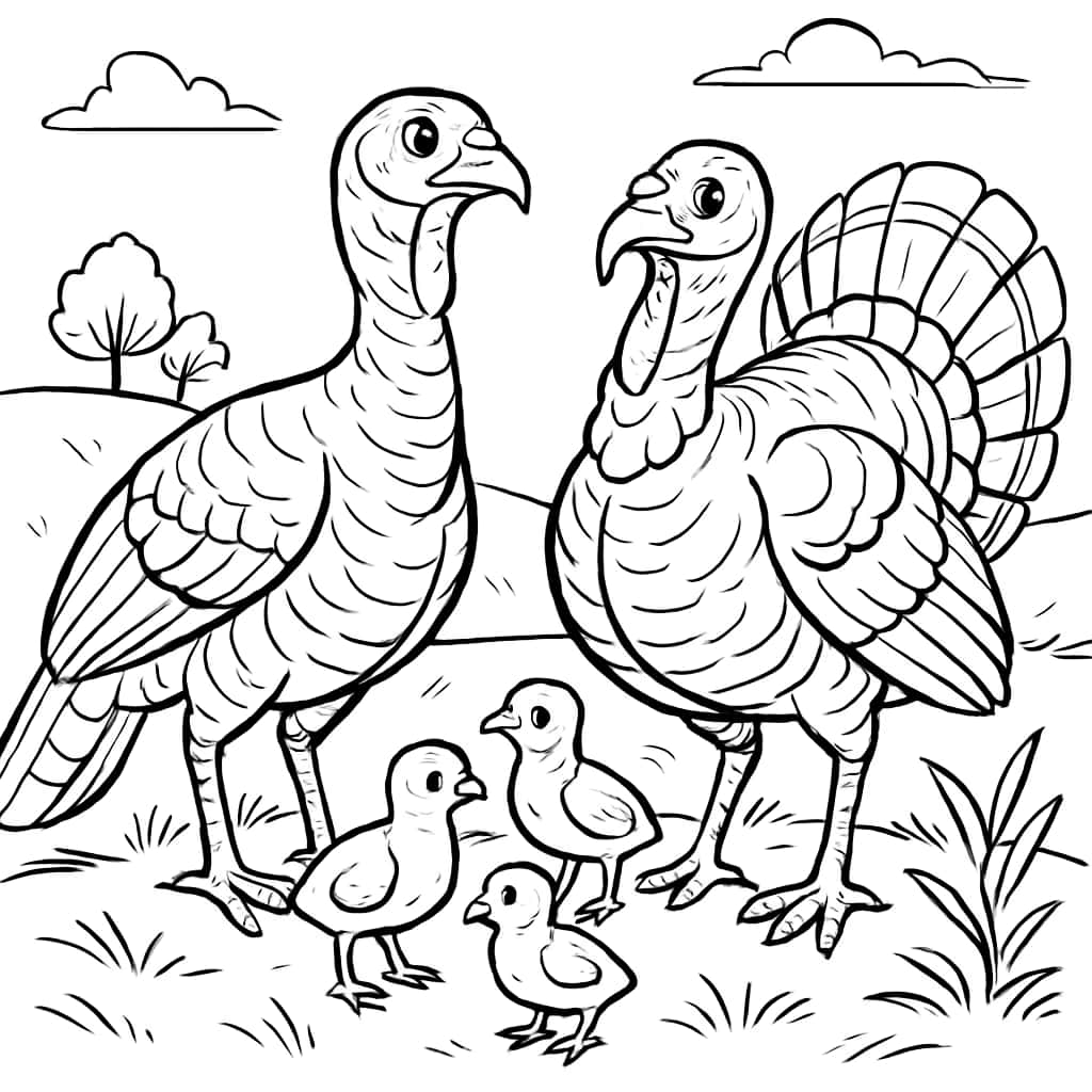 火雞涂色頁家庭組合 | 青少年適用線稿打印頁