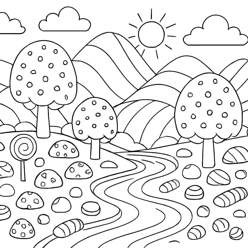 Pages de coloriage de bonbons – Paysage fantastique