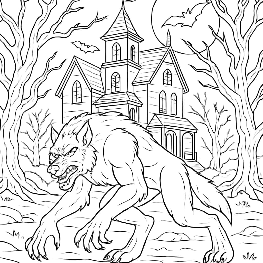 Werewolf Coloring Pages – Werewolf and Haunted House Printable for Teens