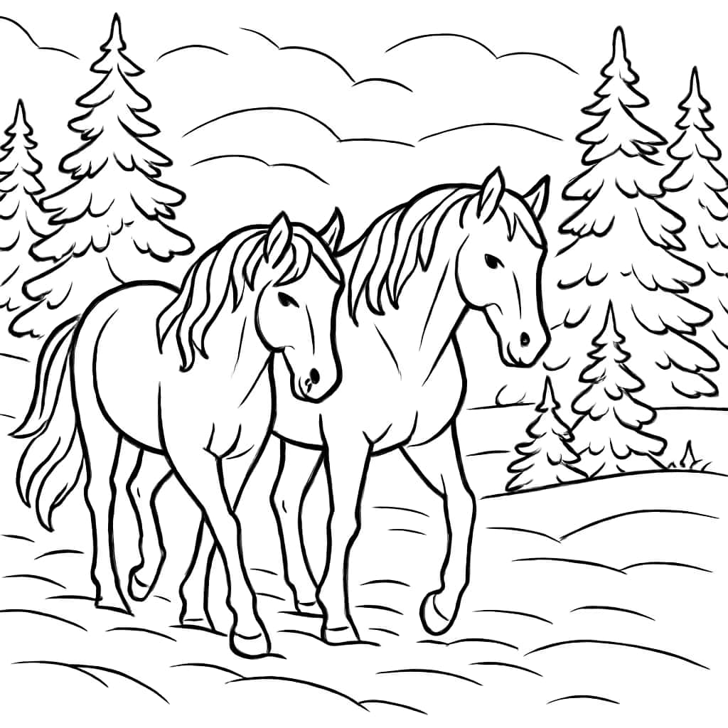 马匹涂色页|冬季雪景马主题线稿适合青少年打印