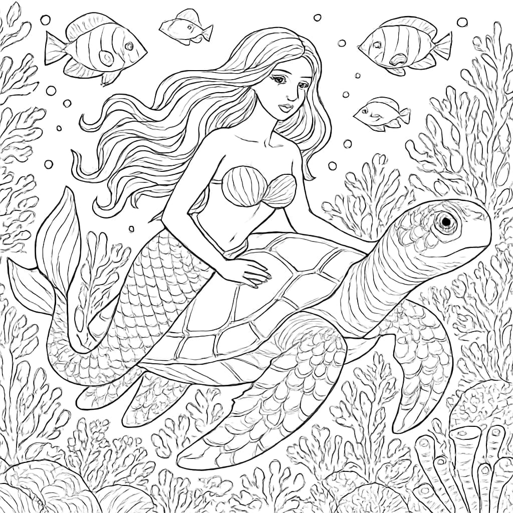 美人魚涂色頁:美人魚與海龜的奇幻旅程