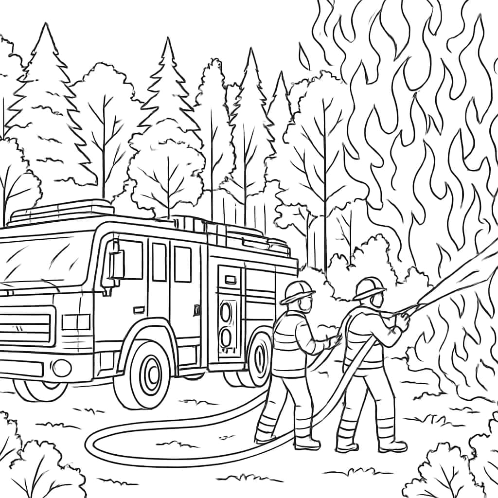 消防車ぬりえページ 森林火災との戦い