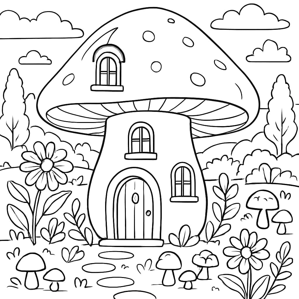 Pages de coloriage de champignons : Maison de fée