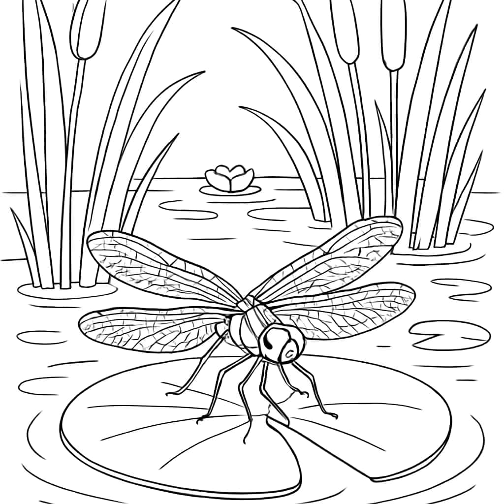 Bug Coloring Pages - Dragonfly on Pond Coloring Page