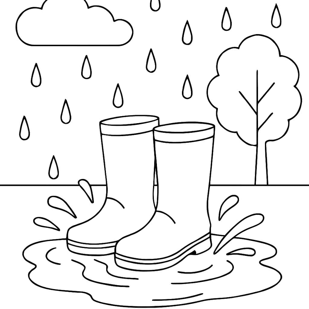 March Coloring Pages - Rainboots and Puddle Coloring Page for Kids