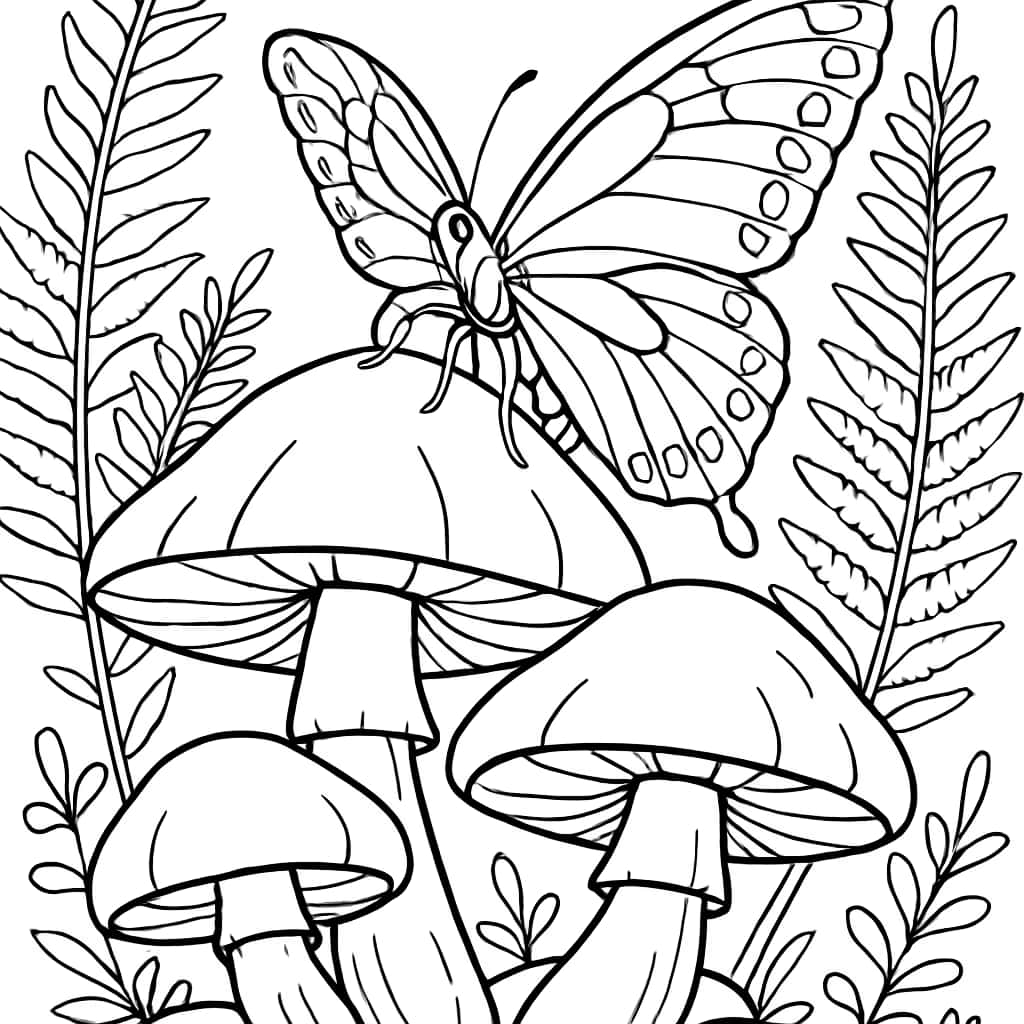 蝴蝶涂色页|蘑菇上的蝴蝶适合青少年打印