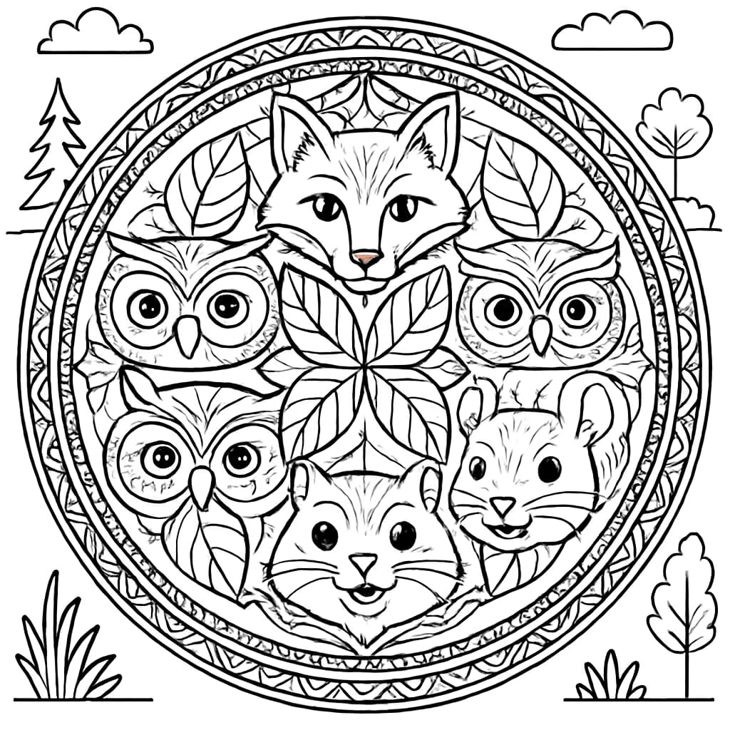 Мандала лесных животных — раскраски мандала
