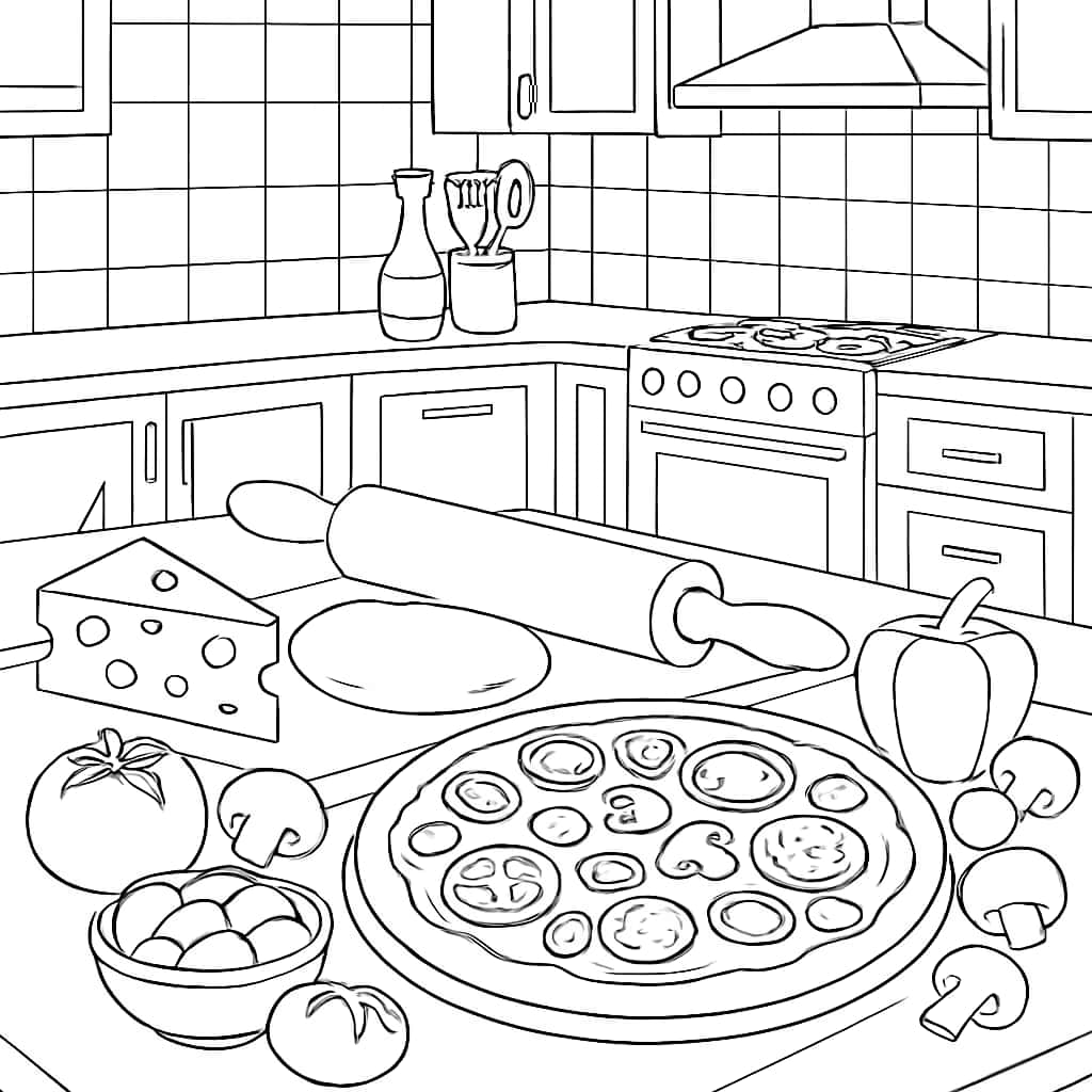 Pizza Coloring Pages - Pizza Ingredients Arrangement Coloring Page