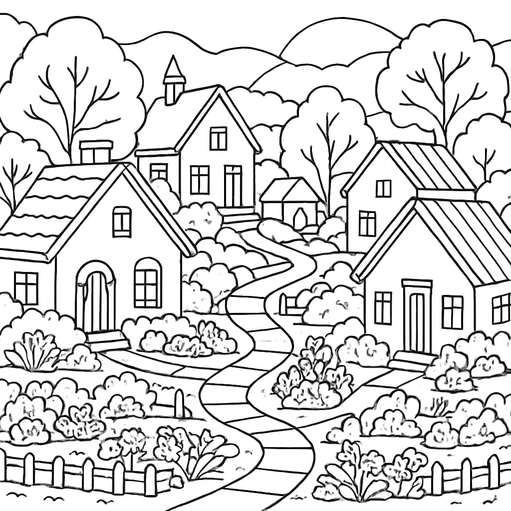 House Coloring Pages – Village Houses Scenery