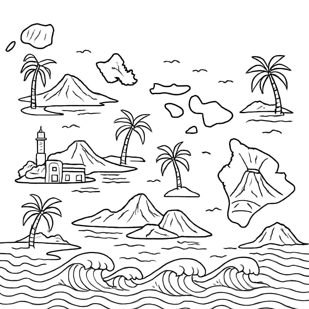 夏威夷涂色页——详细夏威夷群岛地图涂色页