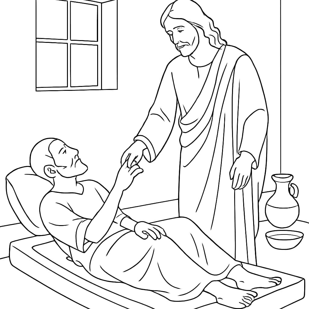 Jesus 컬러링 페이지 - 예수님이 병자를 치유하는 장면