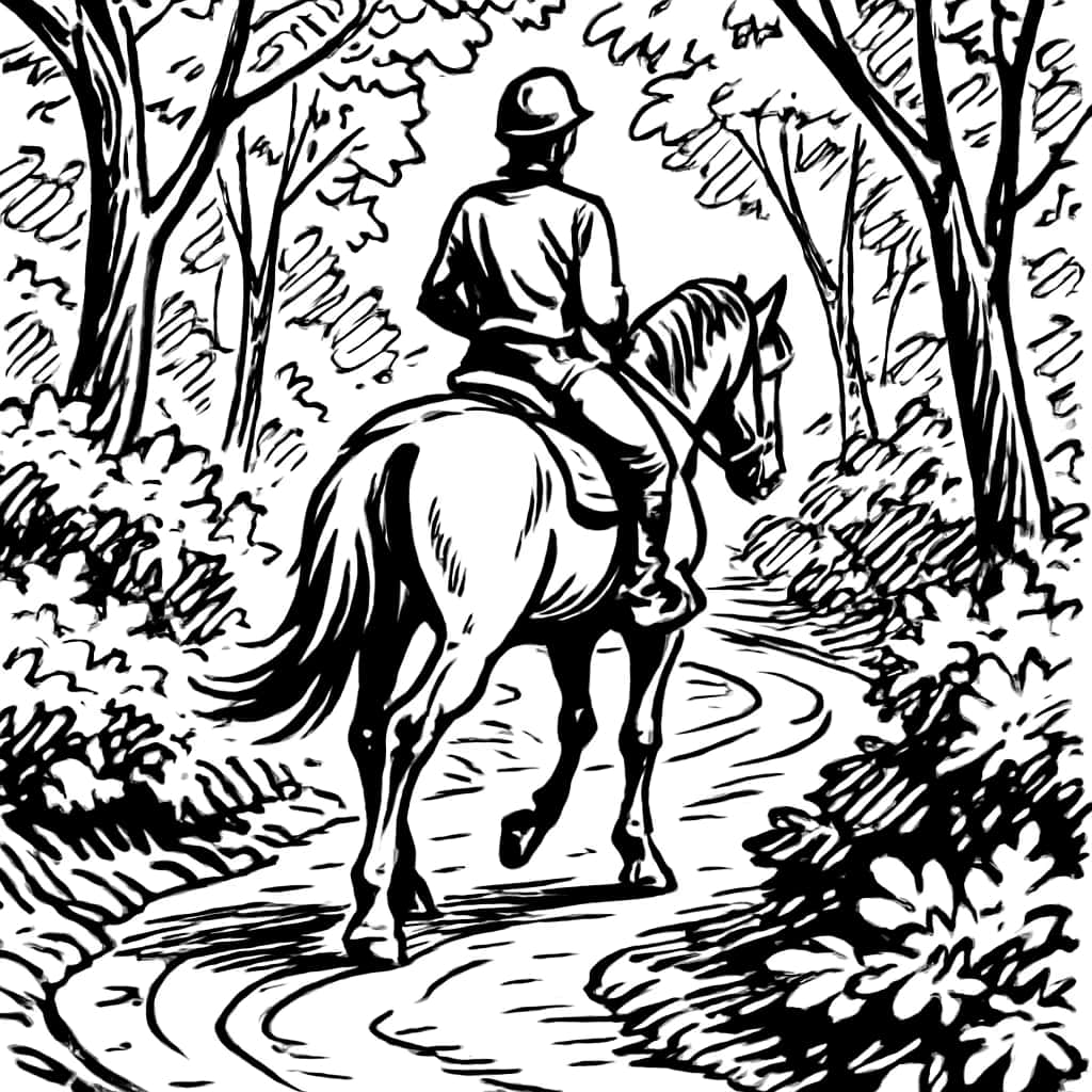 马主题涂色页-森林小径骑手场景