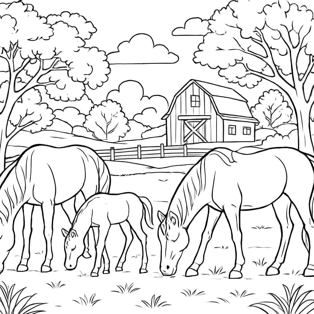 马主题涂色页|马儿家庭牧场涂色画